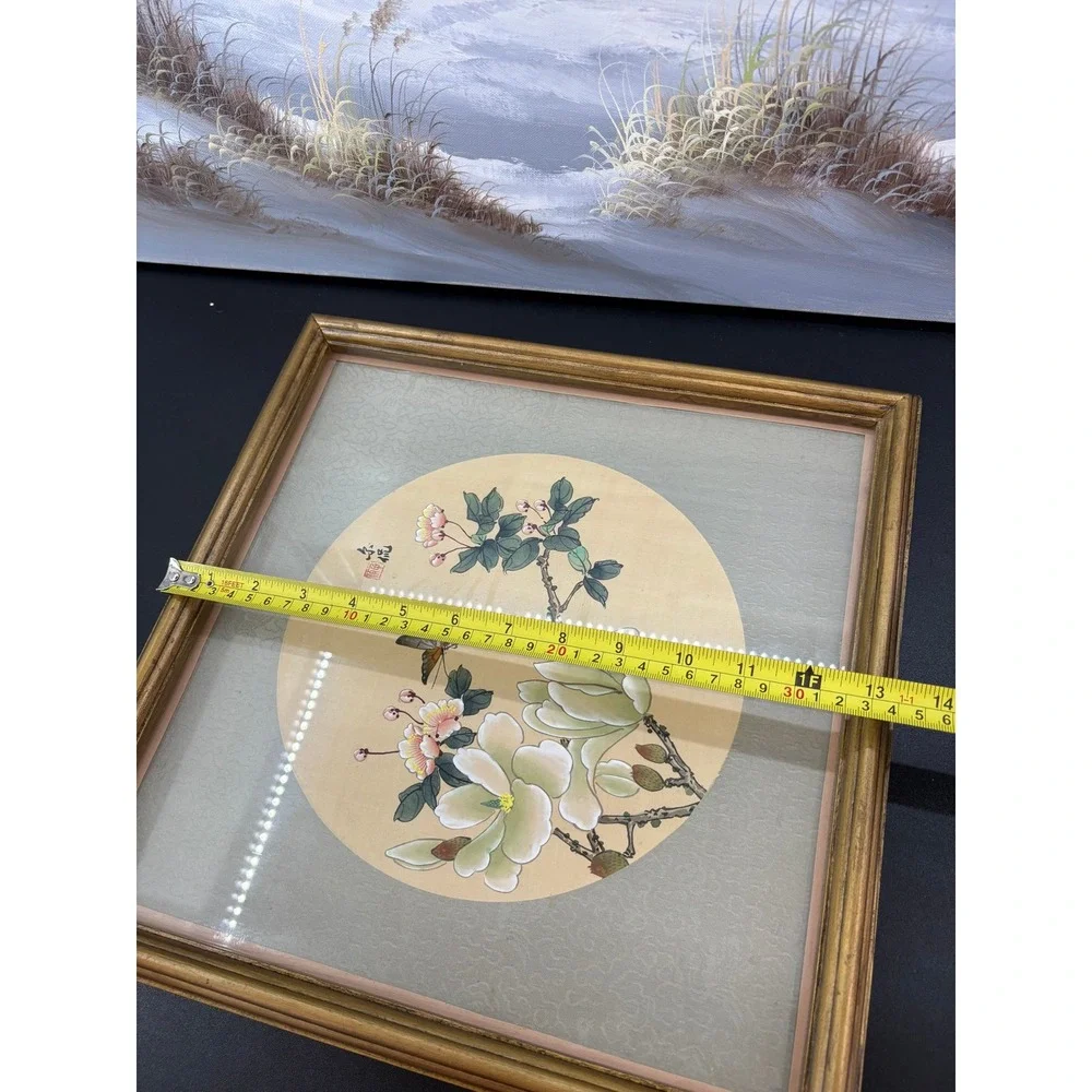 Vintage Chinese Silk Painting Butterfly Magnolia Flowers Gold Frame 13.5x13.5